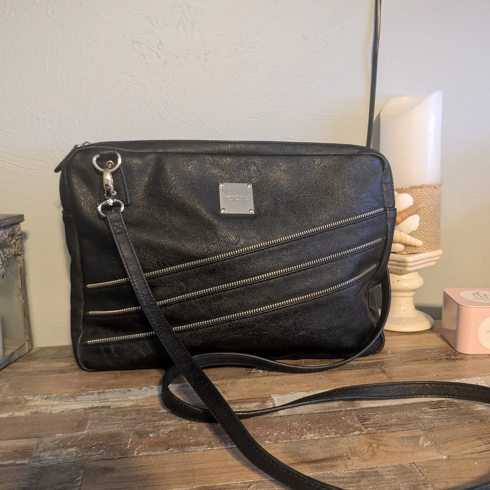 Miche Crossbody Black Laptop Bag Purse with Purple Satin Lining Zipper Detail